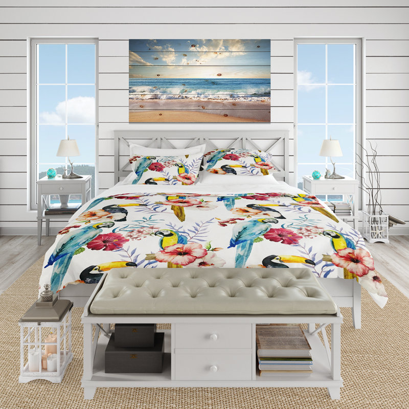 Ensemble de housse de couette designart perroquets, hibiscus et toucan, Housse de couette très grand + 2 taies décoratives