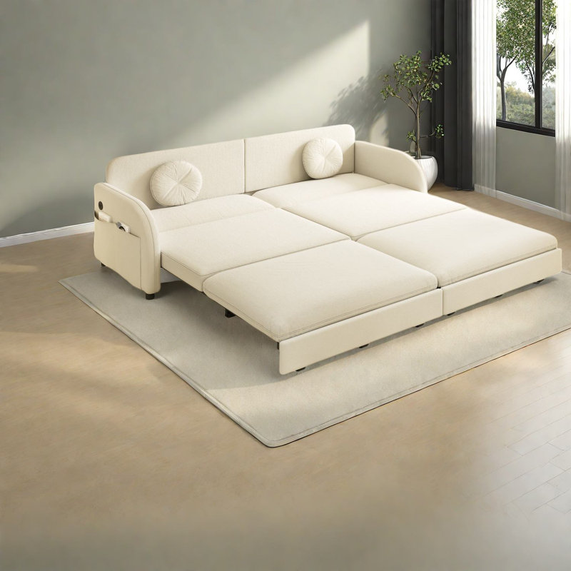 Canapé-lit convertible, revêtu de chenille, avec rangement et USB, beige