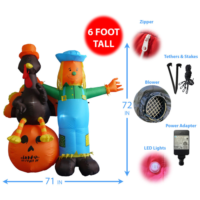 6 Foot Tall Lighted Happy Thanksgiving Halloween Inflatable Scarecrow with Turkey Sitting On Pumpkin Indoor / Outdoor Blow Up Holiday Yard Decoration 