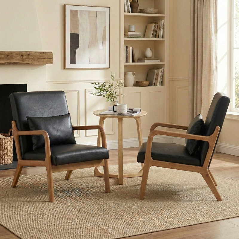 Fauteuil avec revêtement en bois et cuir, Noir