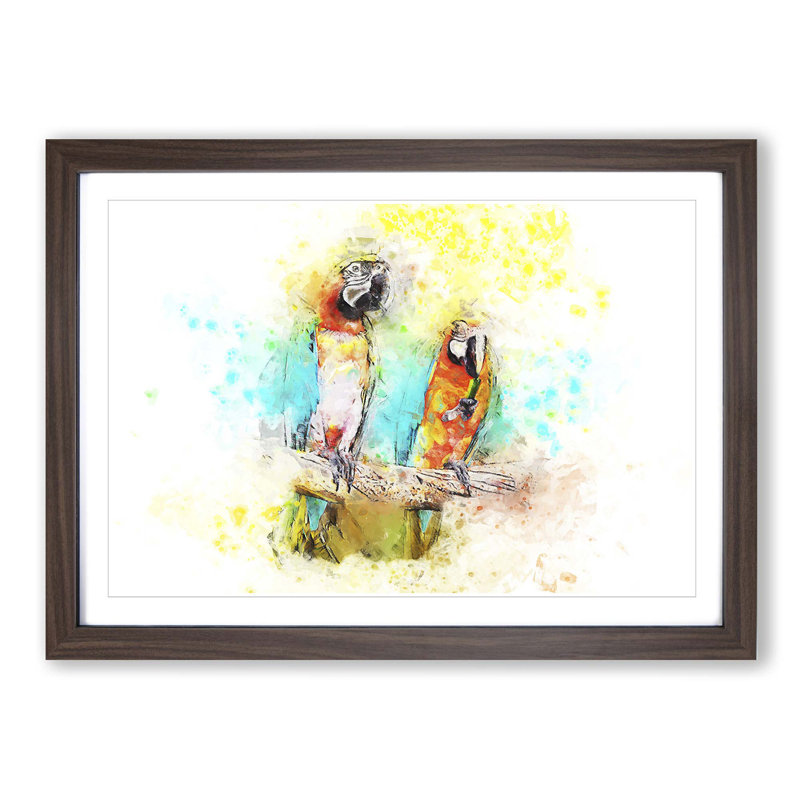 Two Macaw Parrots on a Branch in Abstract - Picture Frame Painting Print, 48cm H x 65cm W x 2cm D, Walnut Framed