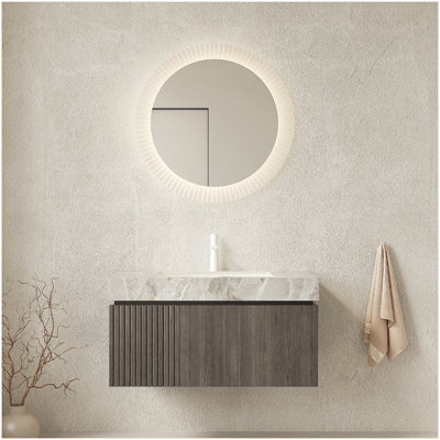 Meuble-lavabo flottant 36 po avec comptoir en pierre frittée, cuve en céramique et armoire à grain de bois espresso 36 po, pré-assemblé pour une installation facile