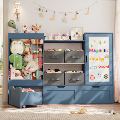 41.3"H Toys Storage Organizer, Stuffed Animal Storage, 3 Large Movable Drawers, 4 Fabric Storage Bins And Magnetic Drawing Board With Cube Storage Cabinet For Kids Room, Playroom, Bedroom(Navy Blue)