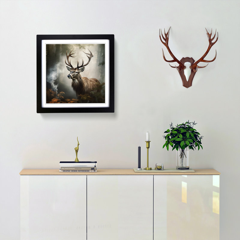 Stag In A Forest Smoke - Single Picture Frame Print on Wood, Black