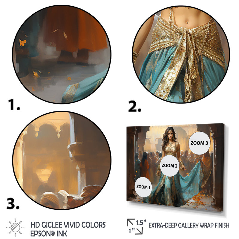 «Blue and Gold Belly Dancer - Dance», art mural sur toile, Cadre d'angle fermé noir, H 30 po x l 40 po x P 1,5 po