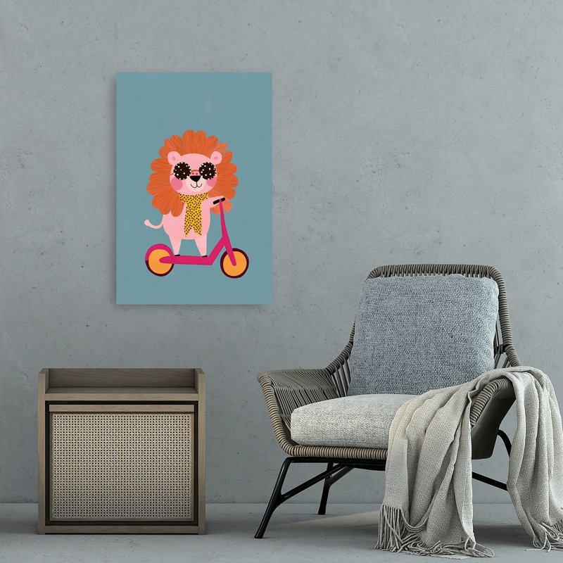 Stylish Lion On Scooter Playful Whimsical Contemporary Lion Wall Art Print by Mathieu - Wrapped Canvas Print