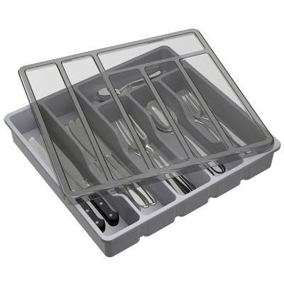 Cutlery Tray With Lid, Cutlery Storage Box For Kitchen Drawer And Countertop, Plastic Cutlery Drawer Organiser For Spoons Forks Knives Holder Storage Insert, 6 Compartments, Black
