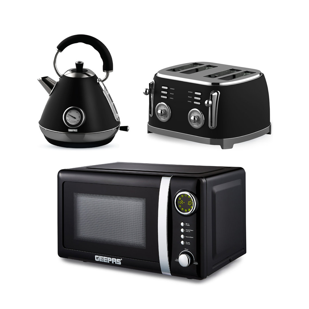 GEEPAS Retrovive 1.7L Electric Kettle, 4 Slice Bread Toaster & 20 Litre 700W Digital Freestanding Microwave Oven Kitchen Combo Set | 3000W Vintage Cor