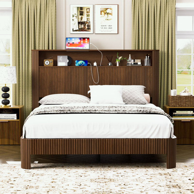Queen Size bed frame with storage headboard and built-in charging station, Walnut, Queen