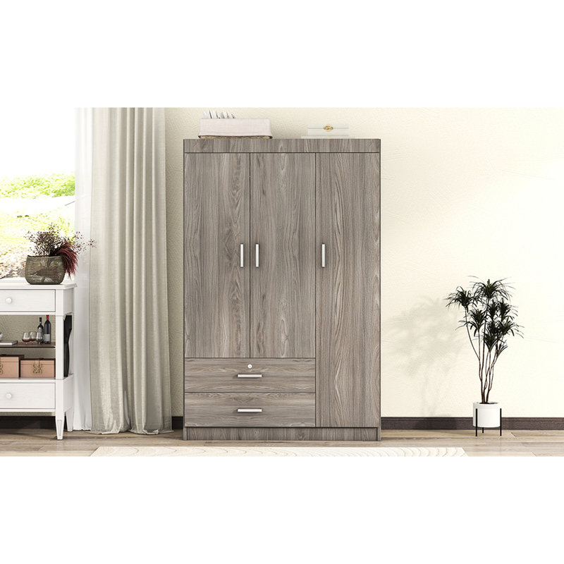Garde-robe de chambre à 3 portes avec 2 tiroirs, finition en grain de bois gris, espace, Gris