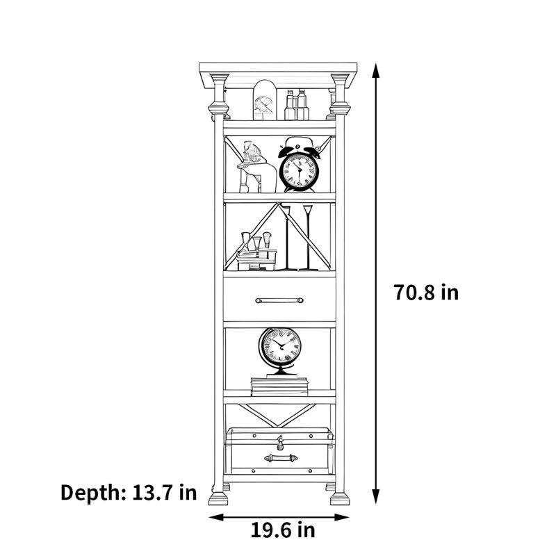 Retro trend bookcase, (5 Shelves) 70.8"H x 19.6"W x 13.7"D