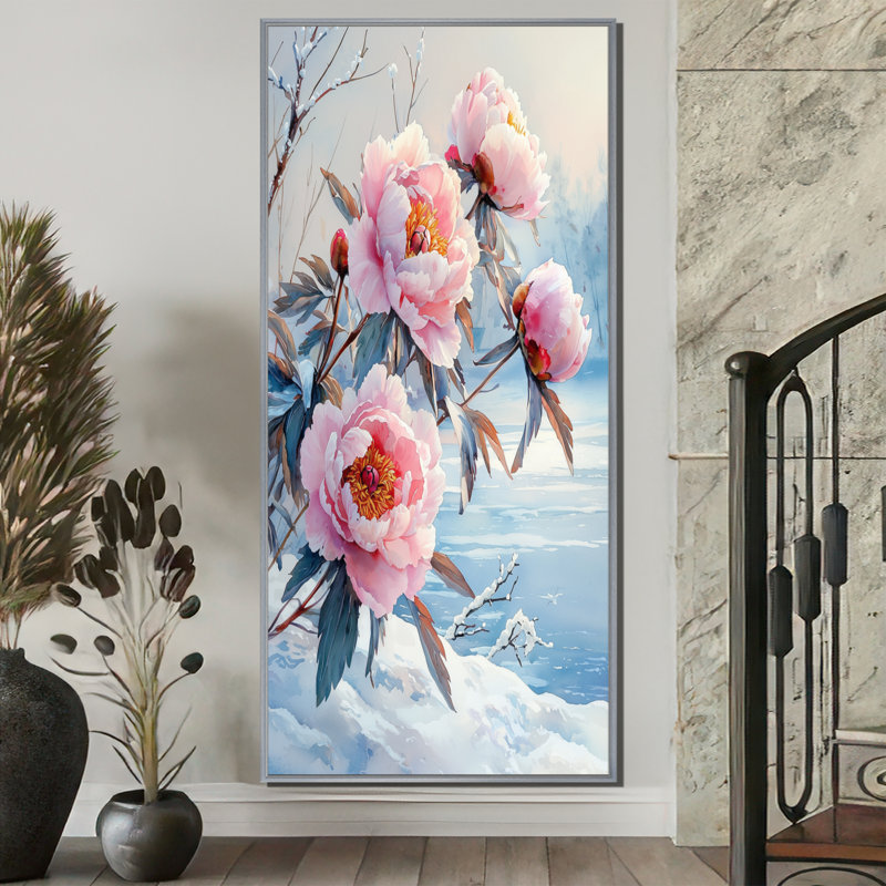 Pe pivoines près du lac gelé II - pivoines, art mural encadré, H 60 po x l 28 po, Impression encadrée sans passe-partout