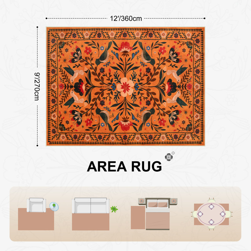  Goldene Boho Washable Botanical Orange Area Rugs for Living Room, Low-Pile Floral Rug with Non Slip Backing For Bedroom Dining Room
