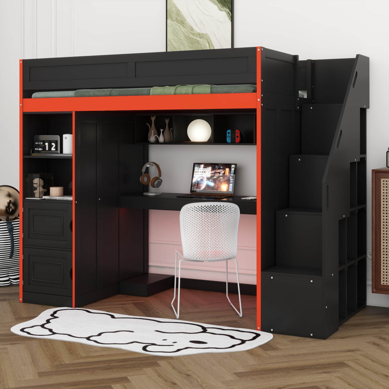 Gaming Loft Bed With LED Lights, Wood Loft Bed With Desk And Storage, Open Shelves For Study Bedroom, Twin