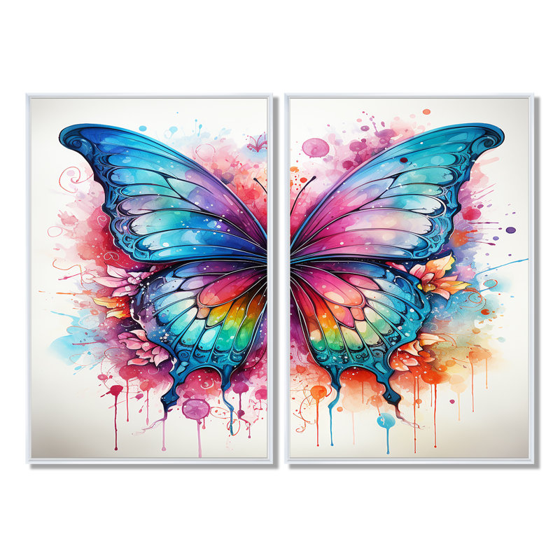 Papillon coloré 1 - Art mural moderne sur toile orange 2 pièces, H 36 po x l 48 po, Impression encadrée flottante, Blanc