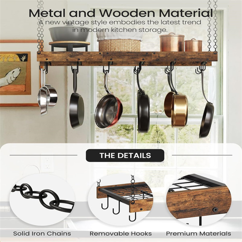 industrial style ceiling/wall mounted pot rack with hooks for kitchen storage, space saving, practical and beautiful.