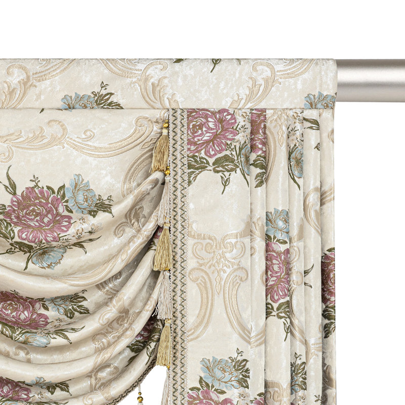 Cantonnière à motif floral avec pampilles, cantonnière en jacquard beige, habillage de fenêtre 1 panneau, L 59 po x L 45 po