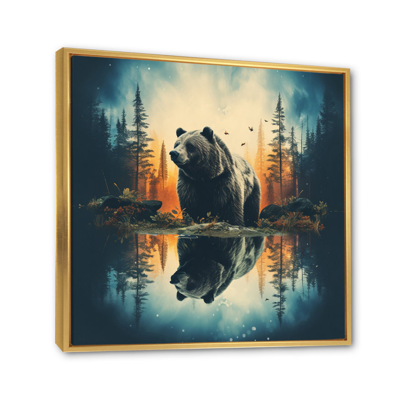 «Double Exposure Bear», art mural ours, 16" H x 16" W, Cadre flottant doré