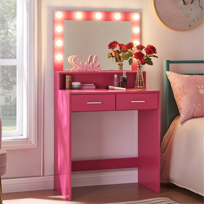Bureau de coiffeuse avec miroir et lumières, coiffeuse avec grand tiroir, commode de rangement à 2 niveaux et 3 modes d'éclairage à luminosité réglable