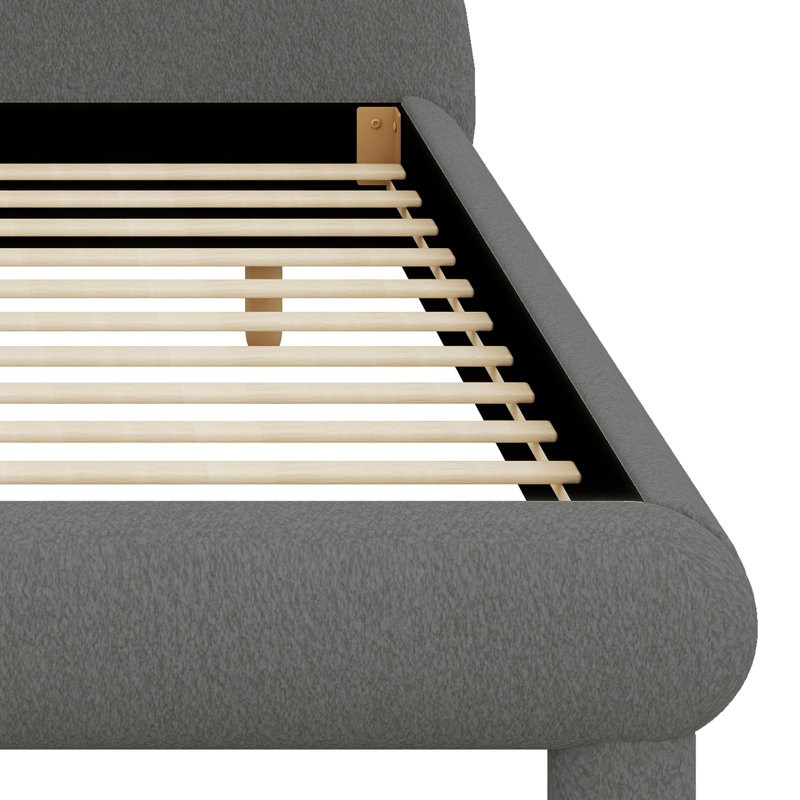 Lit plateforme incurvé et élégant, doté d'un revêtement et de lattes en bois robustes., Grand lit, Gris