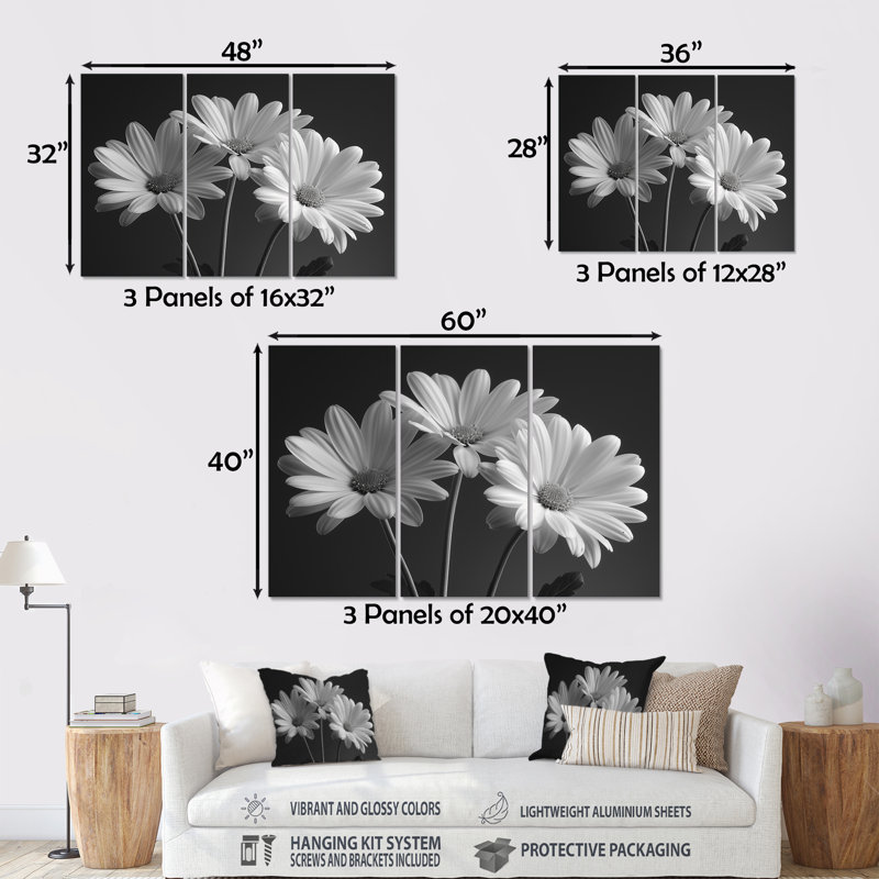 Ensemble de décorations murales monochromes en noir et blanc Blais Daisy Photo IV, Métal métal, H 28 po x l 36 po x P 1 po