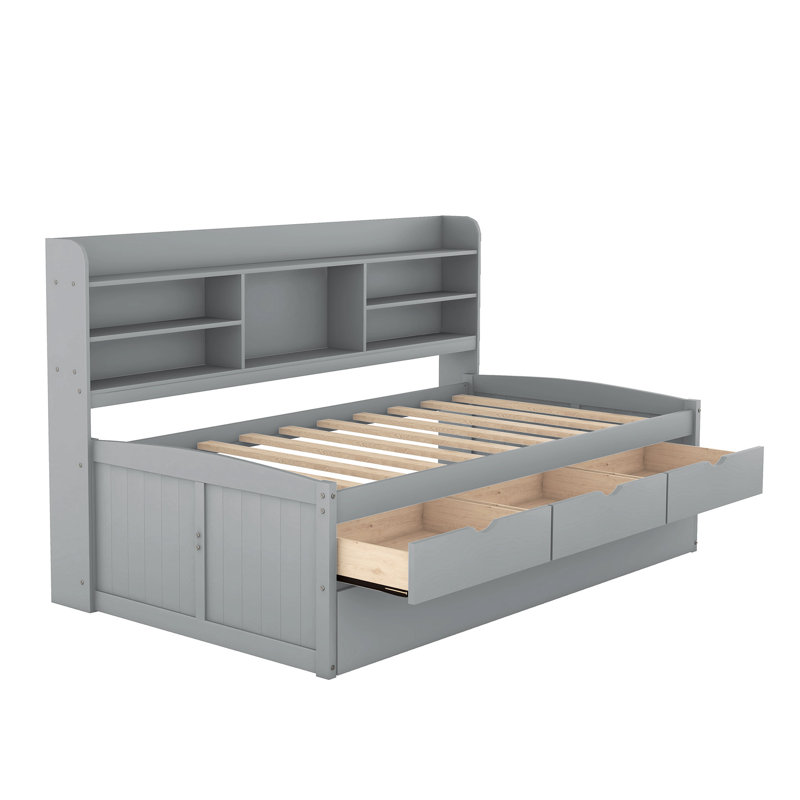 Twin Size Wooden Bed With Built-In Shelves, 3 Storage Compartments & Trundle In Grey Finish Twin-Size Captain Bookcases, Large Drawers