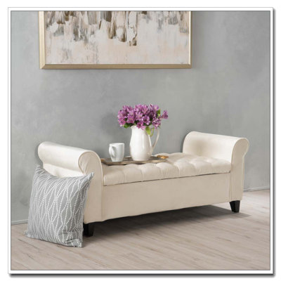 Ivory Fabric Storage Bench with Rolled Arms and Button Tufting