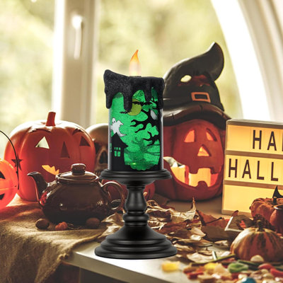 Boule à neige d'Halloween, boule à neige sans flamme à pile avec minuterie de 6 heures, lanterne scintillante de style bougie pour la décoration intérieure d'Halloween (vert)