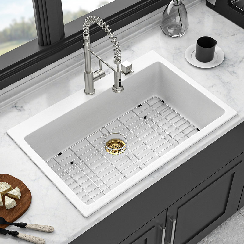 Quartz Kitchen Sink - 33X22" White Granite Composite Drop-In Kitchen Sink