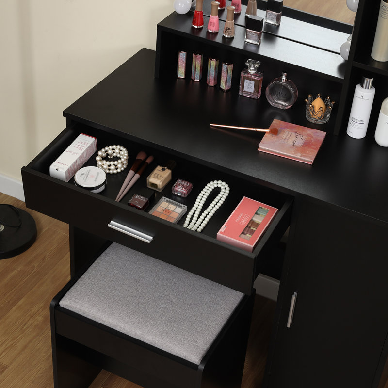 Ensemble coiffeuse avec tabouret et miroir Dasher, Noir