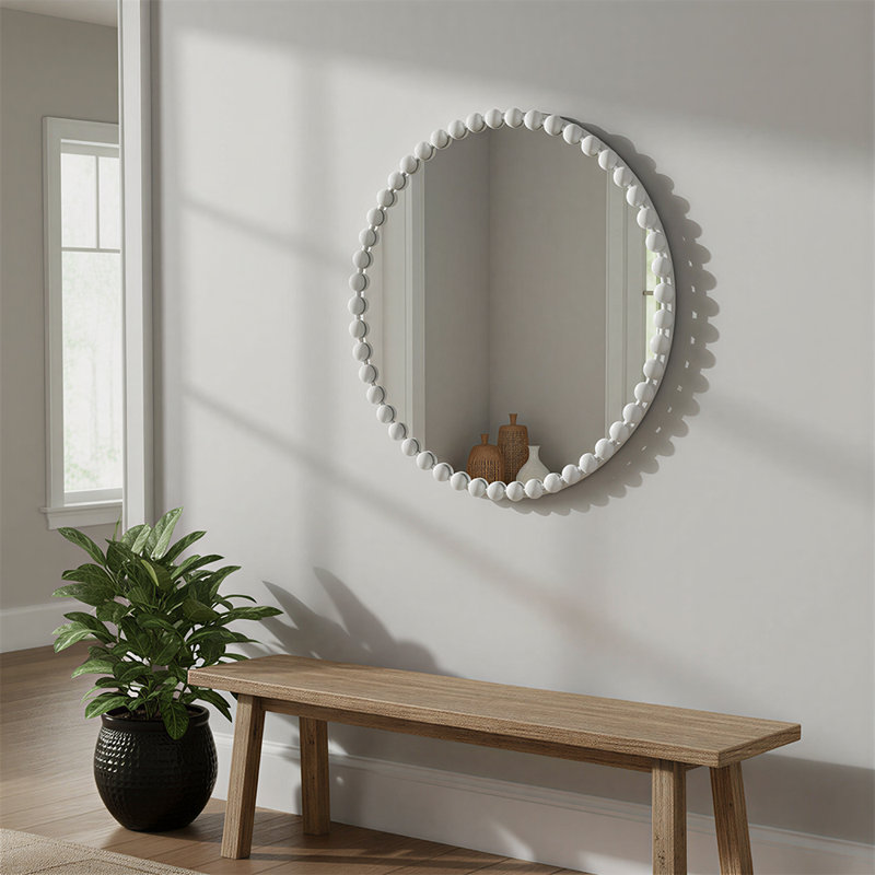 36" Round Wood Beaded Mirror