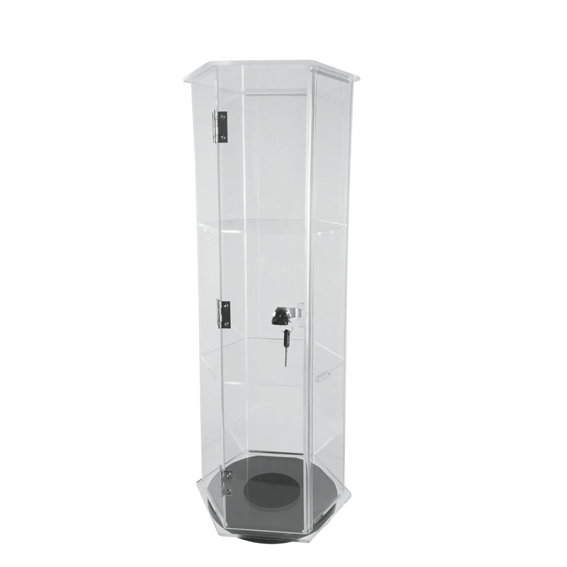 Clear Cabinet Acrylic Showcase Plexiglass Hexagon Shelf Lock Box Valuable Goods 24" Tall