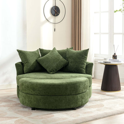 Fauteuil demi-tonneau pivotant à 360 ° avec repose-pieds avec rangement 4 coussins, fauteuil de loisirs en chenille moderne pour salon