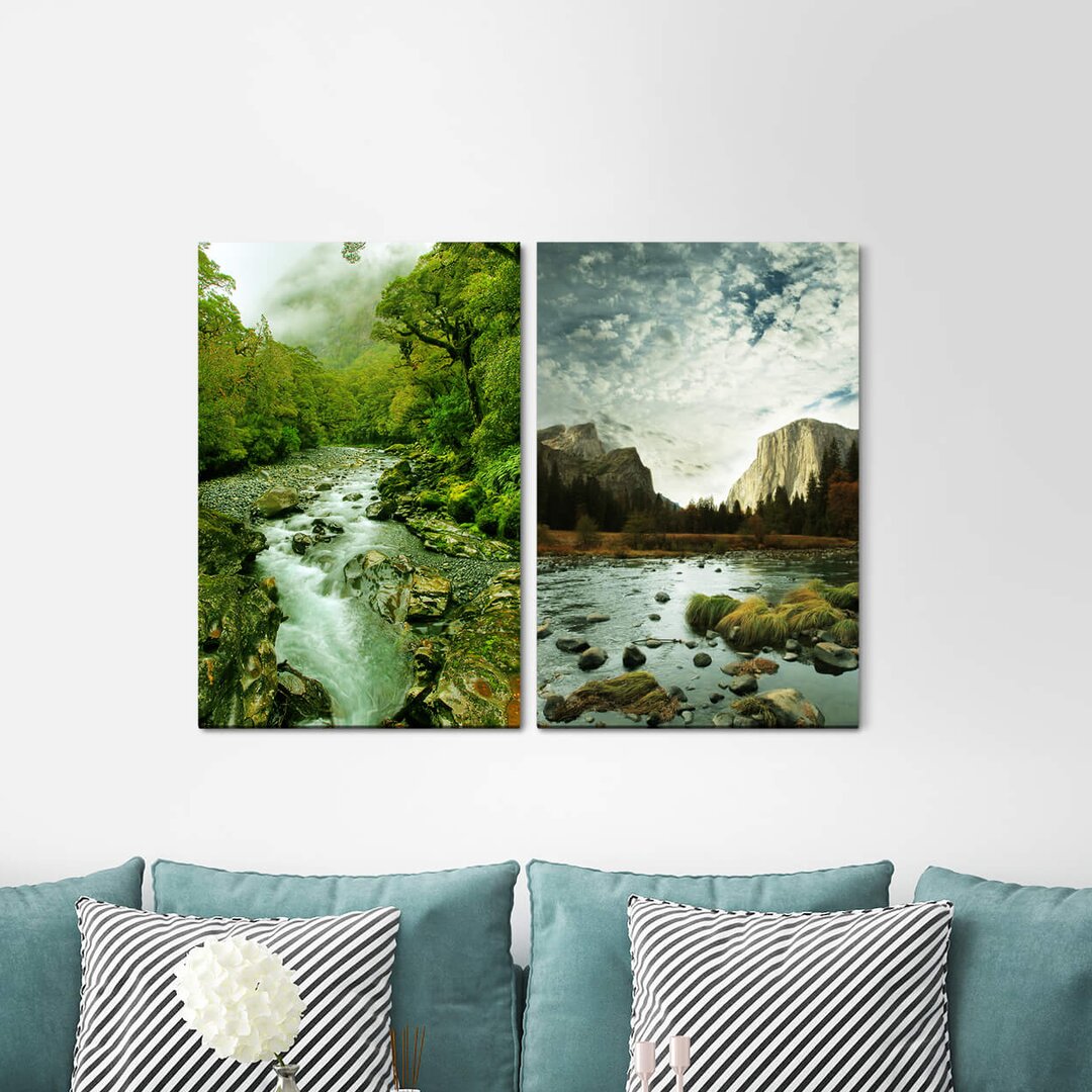 2-tlg. Leinwandbilder-Set - Fotografie „Stream Nature Mountains Forest Green Silence Idyllic”