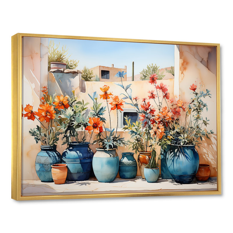 «Blue floral Watercolor Pottery III - Boho Pottery», art mural sur toile, Cadre flottant doré, H 34 po x l 44 po x P 1,5 po