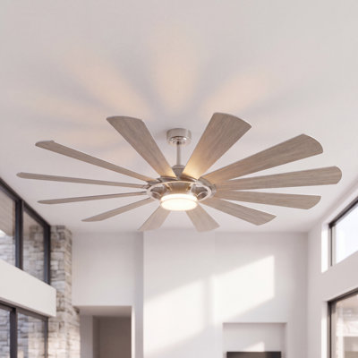 62 Inch Windmill Ceiling Fan with Light, Large Modern Industrial Ceiling Fan with Remote, 12 Blade High Airflow Ceiling Fan, Quiet Reversible DC Motor, Dimmable LED Ceiling Fan for Living Room, Farmhouse