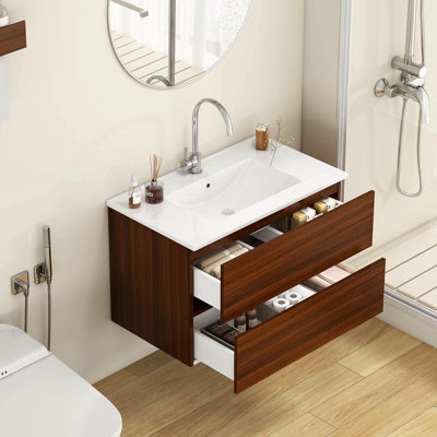 32-Inch Wall-Mounted Bathroom Vanity with Double Drawers, Soft-Close System, Ceramic Sink, No Handle Design, Solid Wood, Easy to Install