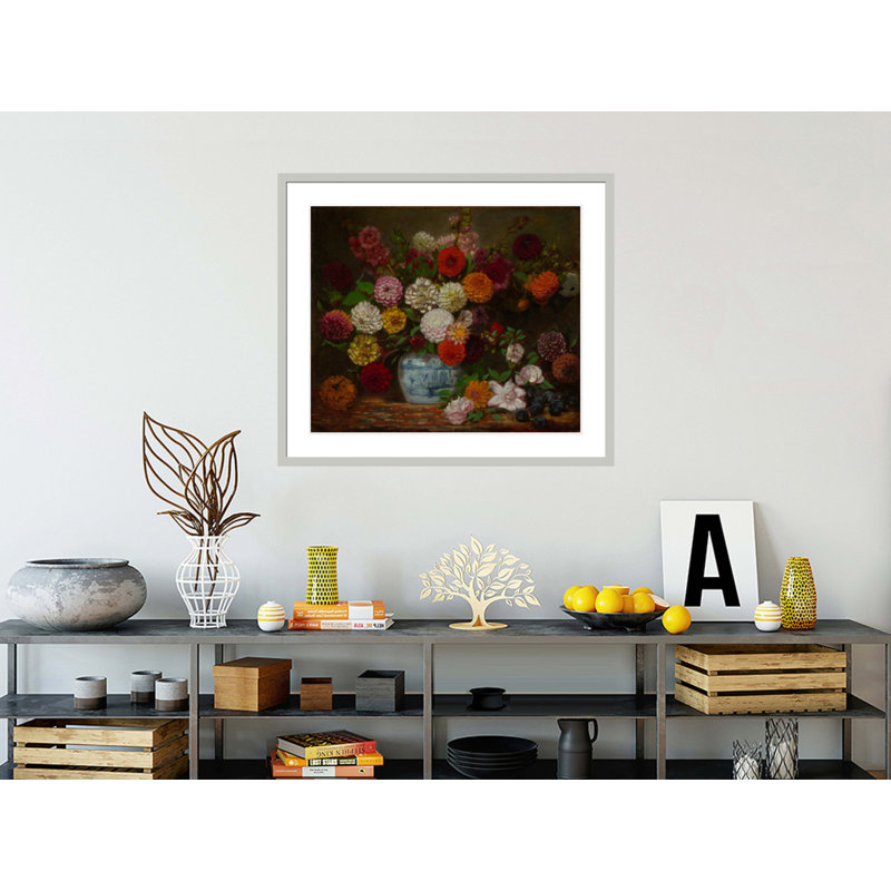 «Still Life with Dahlias Zinnias Hollyhocks and Plums» par Eugène Delacroix, impression giclée encadrée
