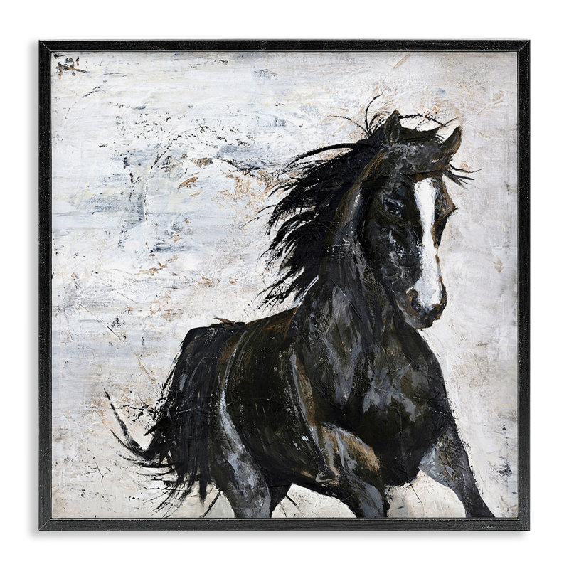 «Wild Black Horse» au galop sur fond blanc abstrait par Design Fabrikken - impression d'art graphique, H 17 po x l 17 po