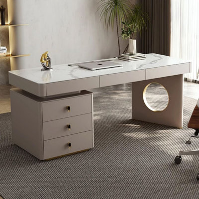 Bureau de direction blanc rectangulaire en pierre frittée avec tiroirs