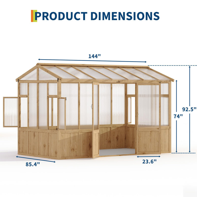 Heavy-Duty 8x12 ft / 10x12 ft Wooden Outdoor Greenhouse with 6mm Polycarbonate Panels, and Lockable Walk-In Door for Backyard, Patio, or Lawn