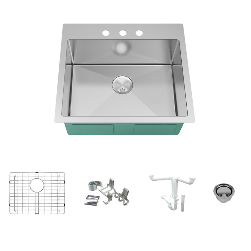 Évier de cuisine à fixation double Diamond Micro L 25 po x l 22 po avec crépine, 3 trous