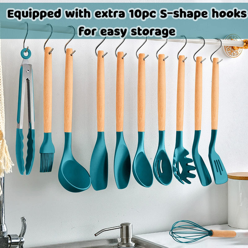 36Pcs Silicone Kitchen Utensil Set, Wooden Handle Cooking Utensils Spatula Set With Holder, Heat Resistant Kitchen Tools Safe For Non-Stick Cookware, Non-Toxic & Easy Clean, Dark Grey