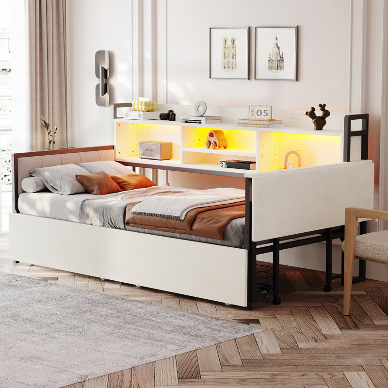 Metal Storage Bed With LED Lighting And Drawers, White