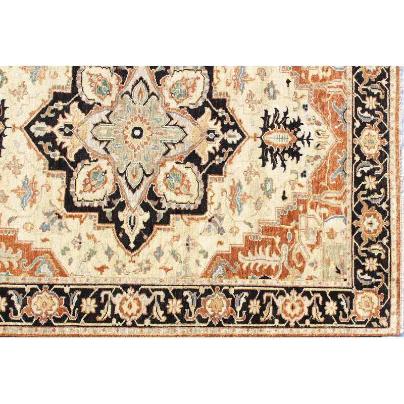 Tapis ivoire en laine noué à la main noir 8 pi x 10 pi - motif à médaillon traditionnel avec bordure ornée