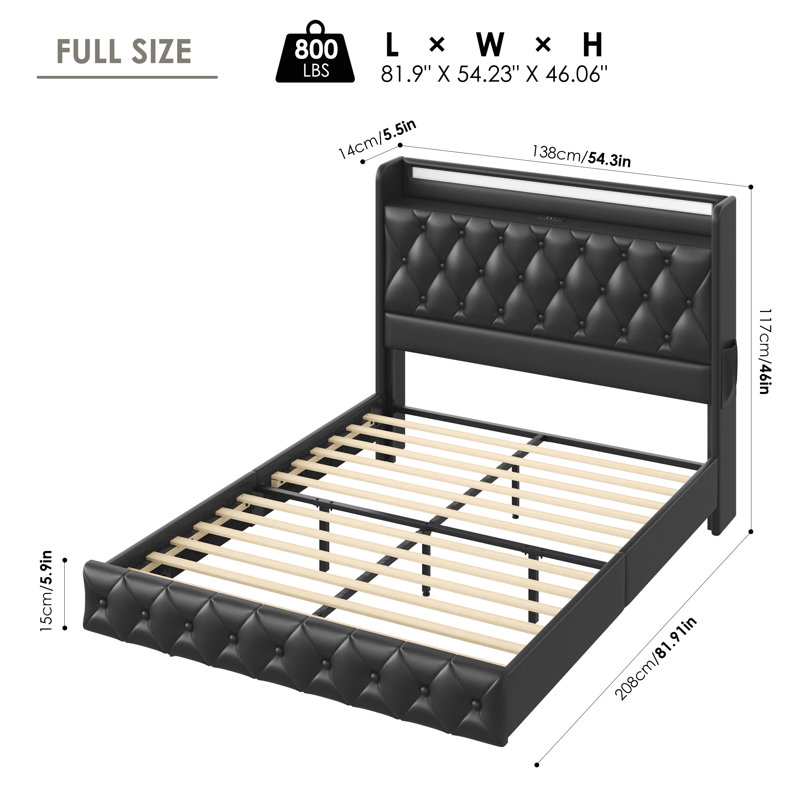Upholstered Floating Bed With LED Lights, Charging Port, Black, Full / Double