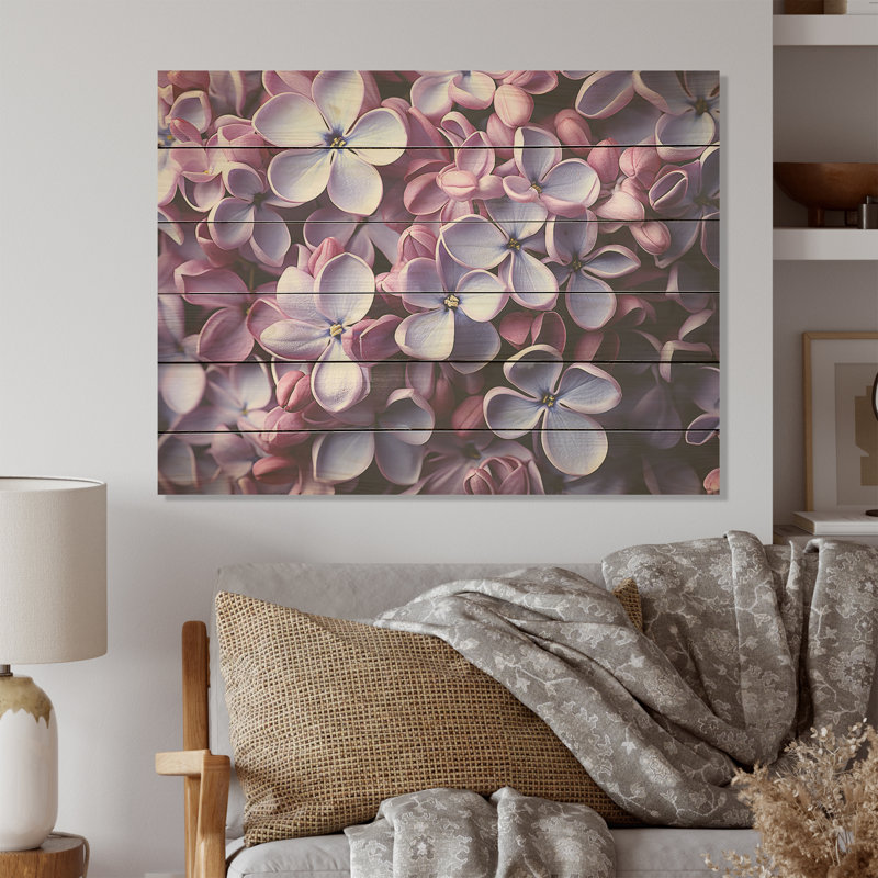 Vibrant Fragrance Lilac Blossoms - Lilacs Wood Wall Art On Natural Pine Wood, 24" H x 32" W