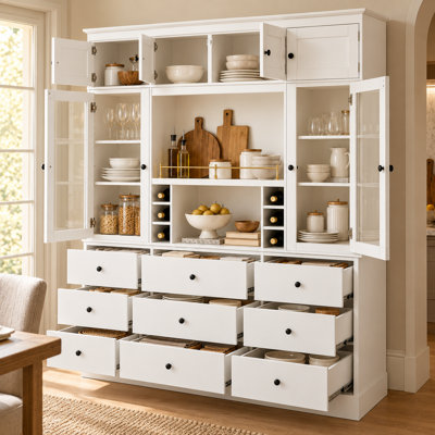 65" Wide Kitchen Pantry Cabinet with 9 Drawers, 6 Wine Racks, Tempered Glass Doors, Adjustable Shelves and Center Countertop, 74.3" Tall Freestanding