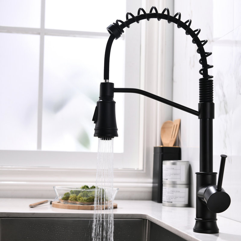 Solid Brass Kitchen Faucet With Pull Out - 360 Rotation For Contemporary Modern Black Sink Single Hole