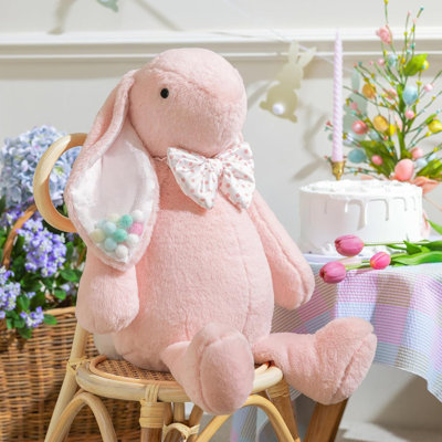 Easter Bunny Throw Pillow - Soft Faux Rabbit Fur Faux Silk Ears With Colorful Balls, Rabbit Pillow With Polka Dot Bow Tie Spring Deco Pillow For Bedroom Living Room Couch, 18" X 14.5"